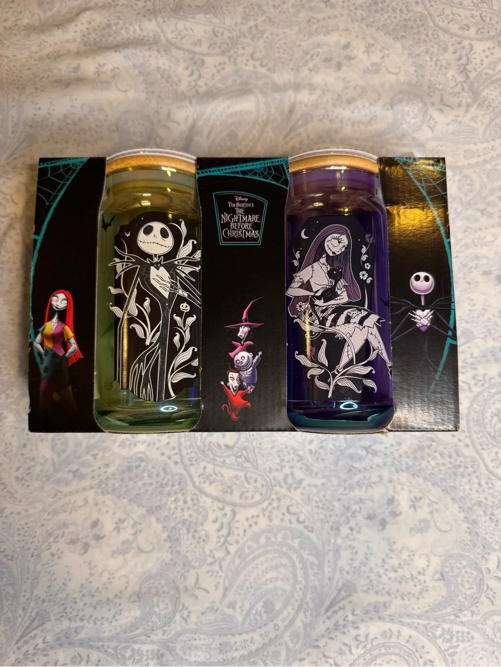 The Nightmare Before Christmas Jack & Sally Glasses, Glass Straws, Bamboo Lid